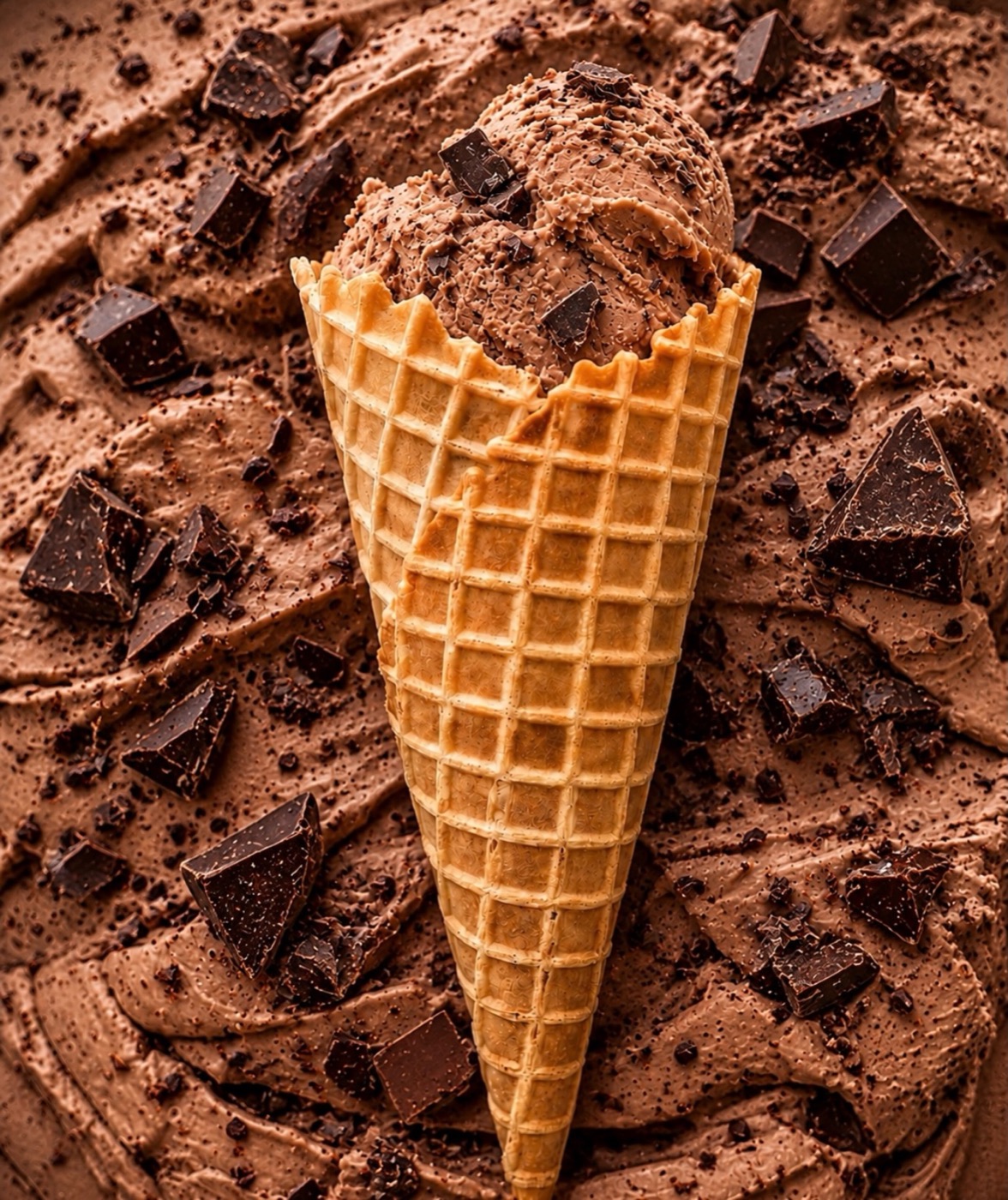 A waffle cone of chocolate gelato with chocolate chunks