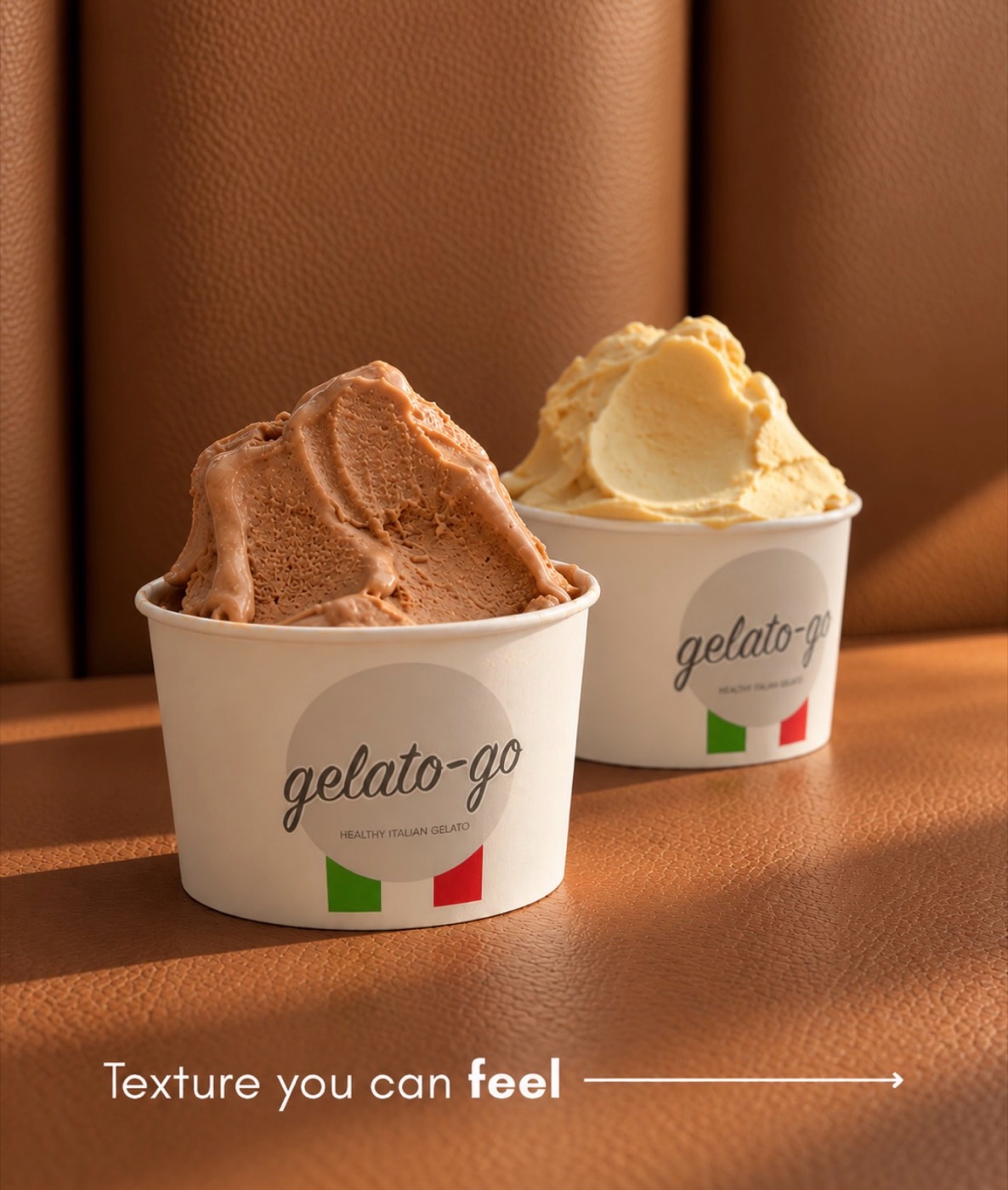 Two cups of gelato, chocolate and vanilla, in Gelato-go cups